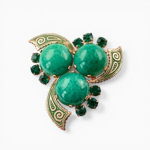 Vintage Peking Glass Brooch Green Cabochon Trefoil Cluster Enamel Leaf Gold Tone